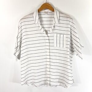 Garnet Hill Linen Top Size 12 Button Down Striped Short Sleeve Coastal Beachy